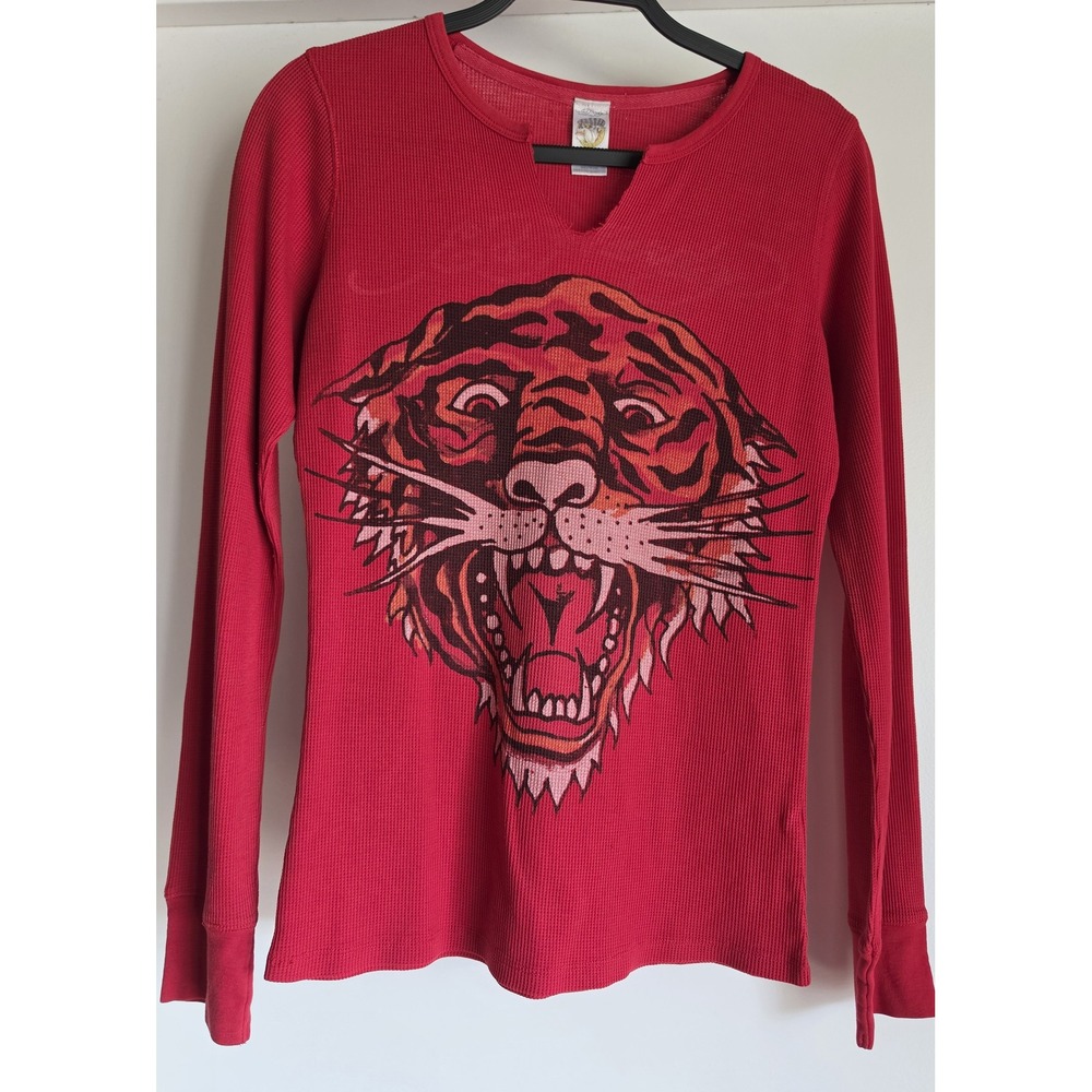 Ed Hardy Tiger Long Sleeve Top Women L Red Cotton Y2K VTG Split Neck Shirt